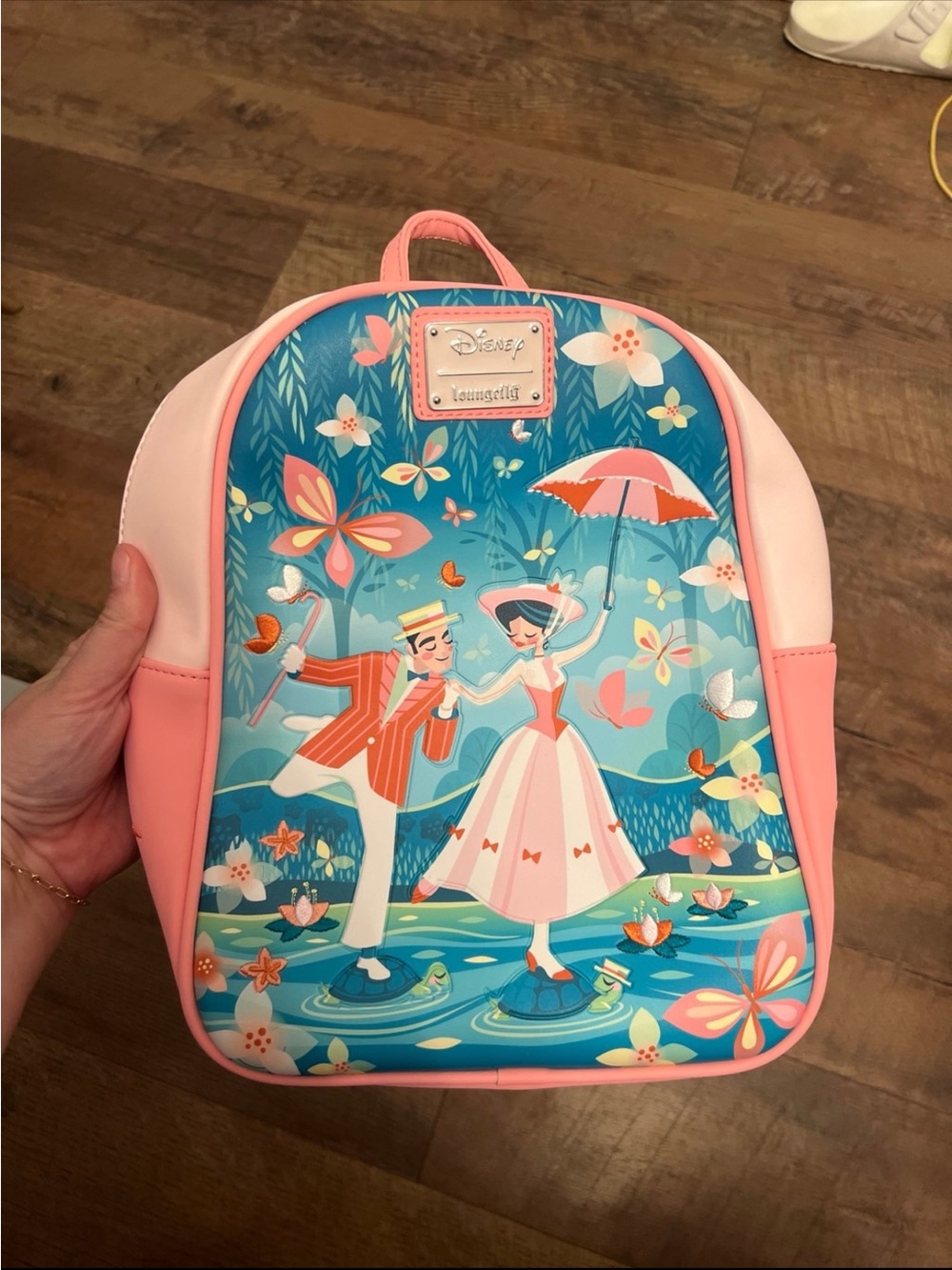 Jolly Holiday Loungefly Pink and Teal Mary Poppins Illustrated Mini Backpack